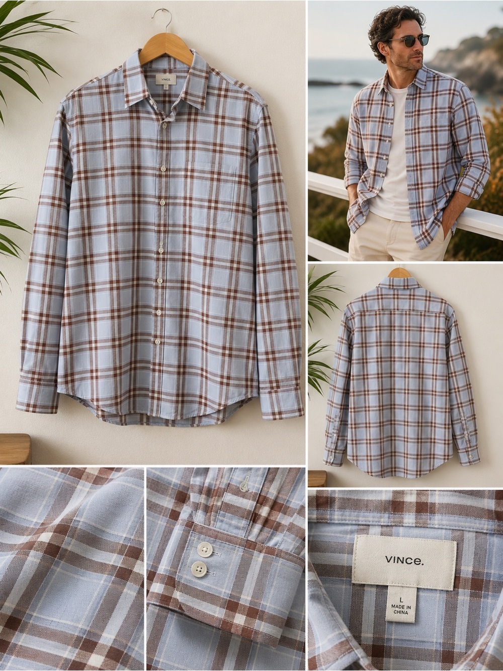 Vince Mens Plaid Cotton Button Down Shirt Blue Brown Size L